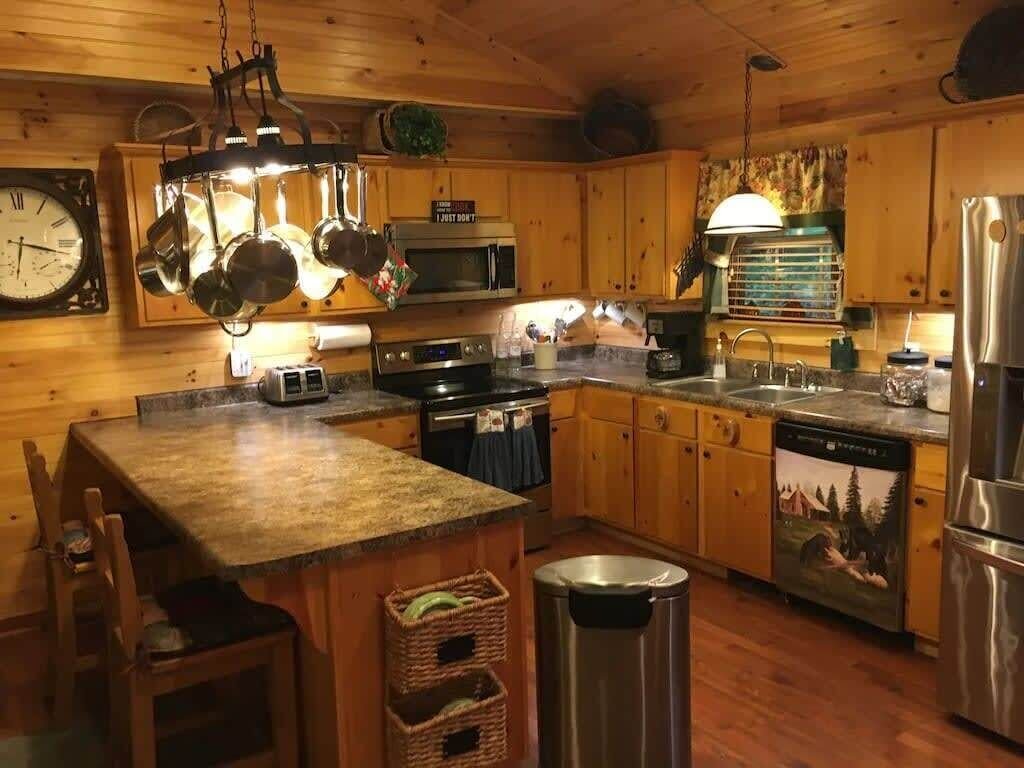 Warm wood kitchen inside a classic Spencer cabin