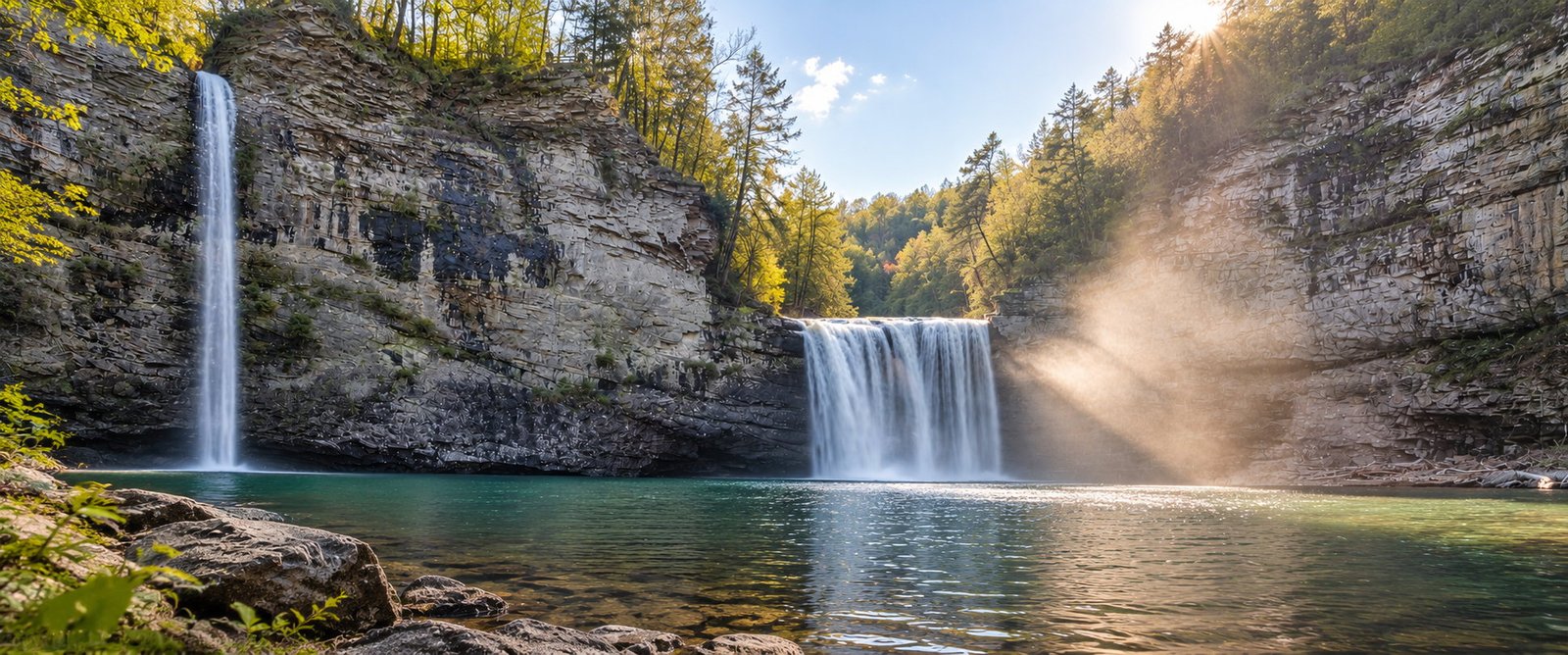 Rockhouse Falls descending beside Cane Creek Falls in the shared gorge